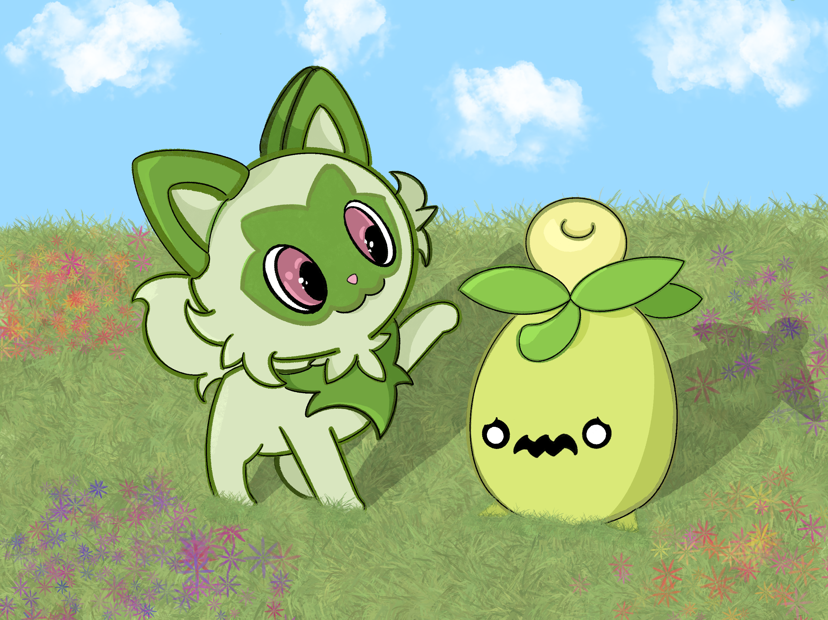 Pokemon fan art made by me. Sprigatito and Smoliv.